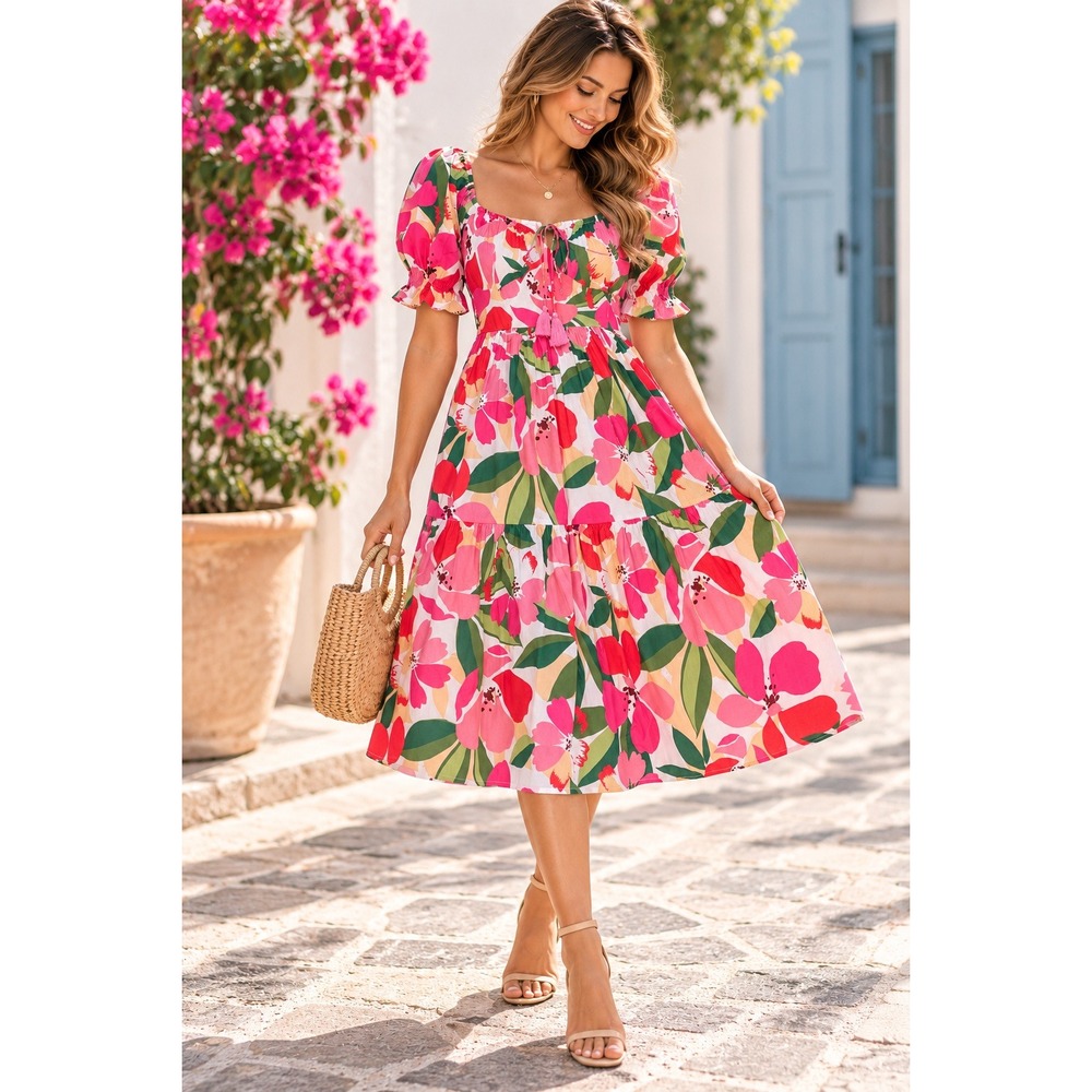 Vince Camuto Pink Floral Tiered Midi Dress Puff Sleeve Smocked Back Size 8